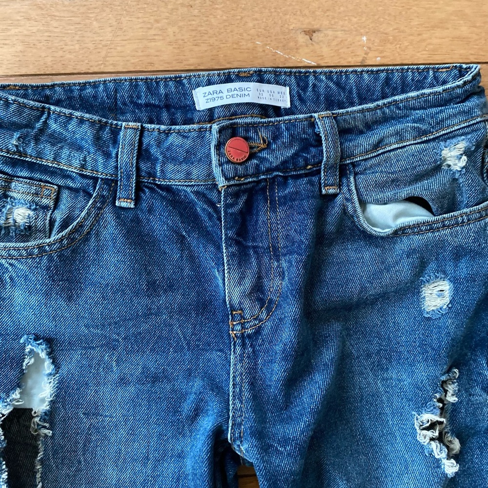 Euc Zara Basic Denim Red Button Distressed Jeans - image 6